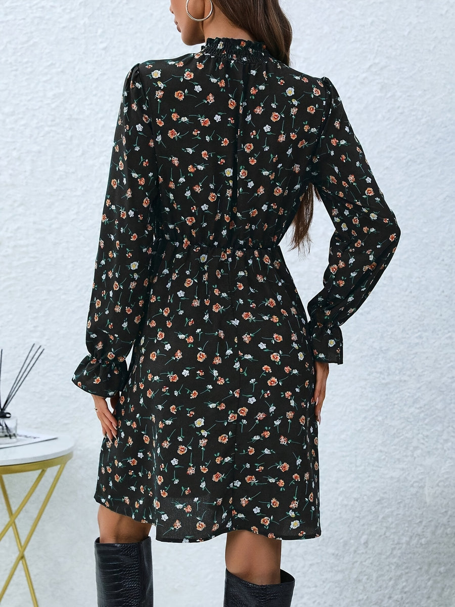 Women'S Floral Print Stand Collar Long Sleeve A-Line Dress, with Ruffled Hem - Black