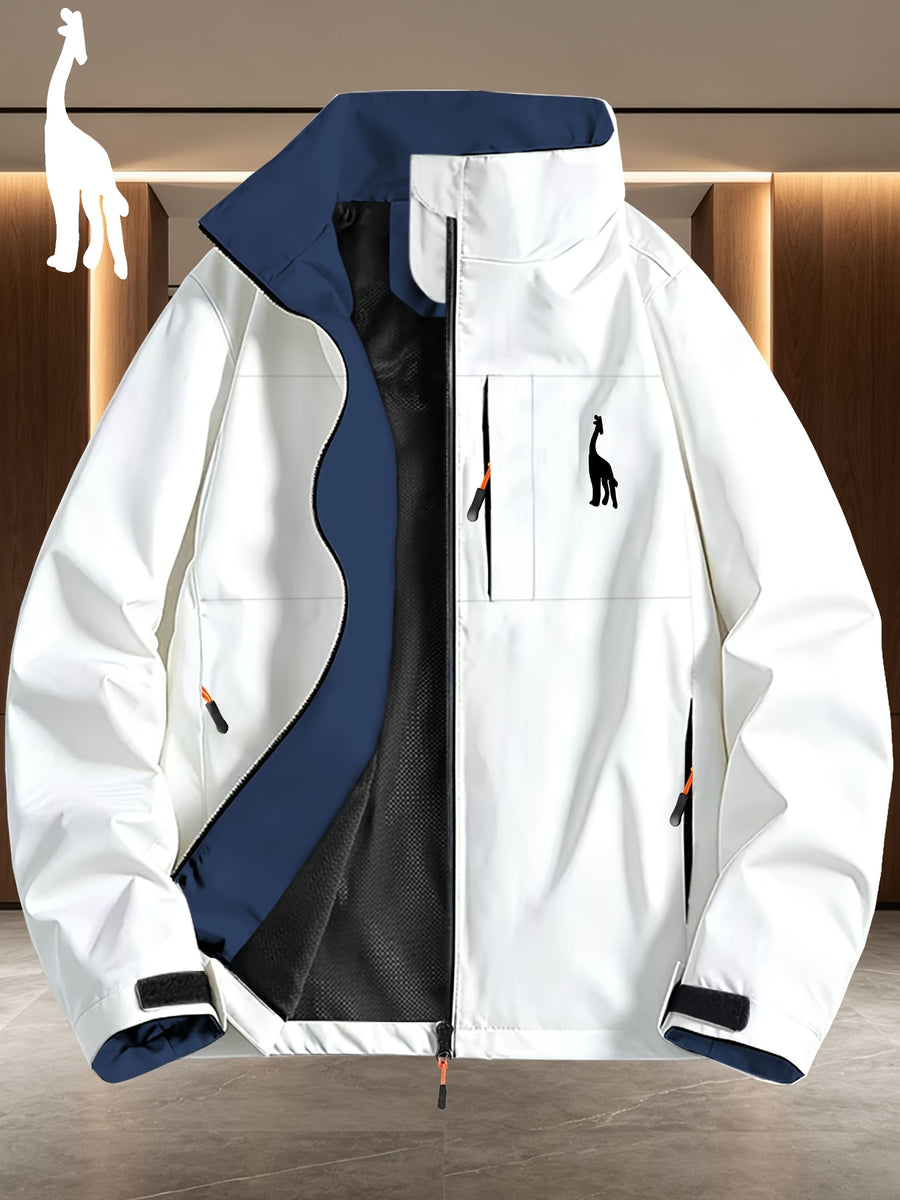 Giraffe Silhouette Navy Lining White Full-Zip Stand Collar Windproof Jacket, Men Women Spring Autumn Multi-Pocket Fresh Casual Outdoor Fleece Coat - White