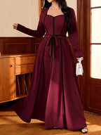 Plus Size, Plus Size Women's Dress, Elegant Black and White Deep V-Neck High-Waist Waist-Cinching Slim-Fit Long Sleeve Dress for Spring, Summer, Autumn, and Winter - Burgundy