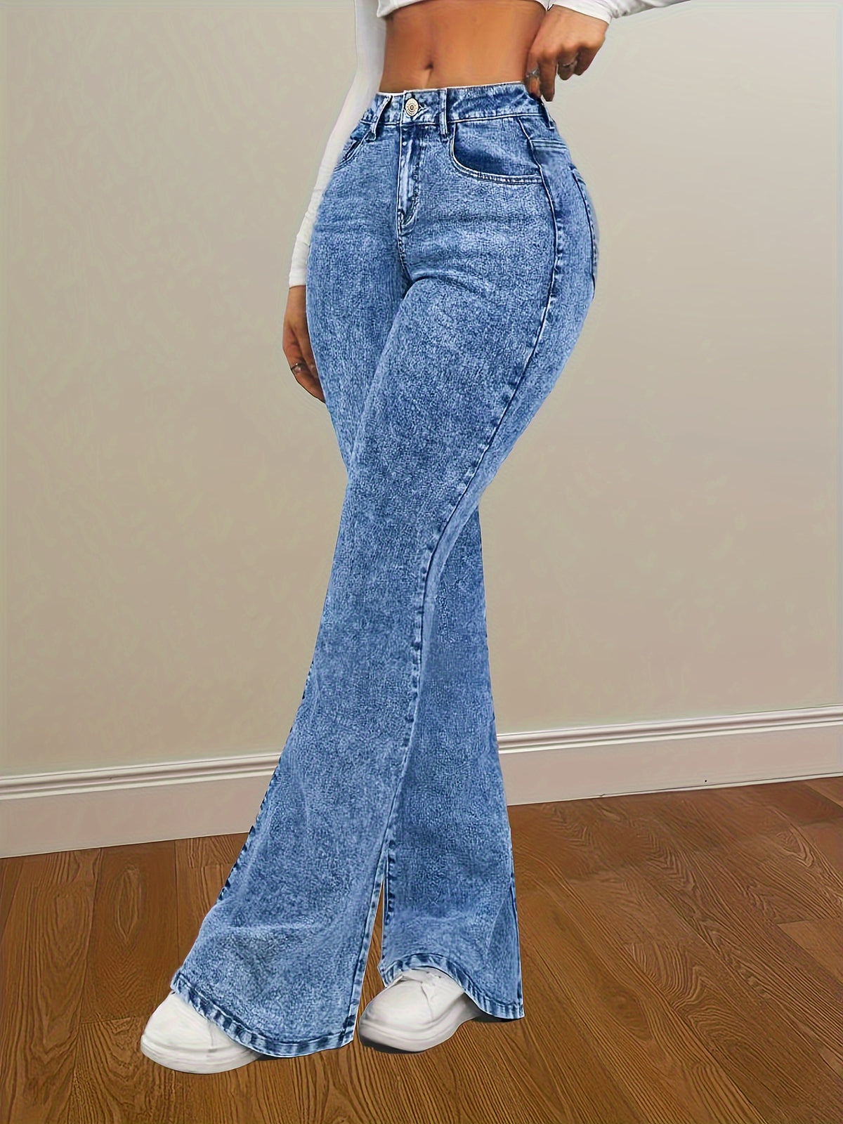 Blue Snowflake High Stretch Flare Leg Jeans | Elegant Long Length with Button Details, All-Season Fabric Denim Jeans - Medium Blue