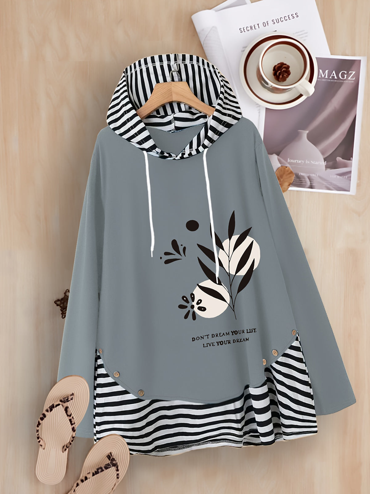Women's Elegant Leaf & Floral Print Hooded Sweatshirt - Soft Polyester Long Sleeve Pullover with Drawstring Hood, Machine Washable Casual Top for Spring/Fall, Sweater Hoodie, Spring Fall Apparel, Comfortable Fashion - Grey
