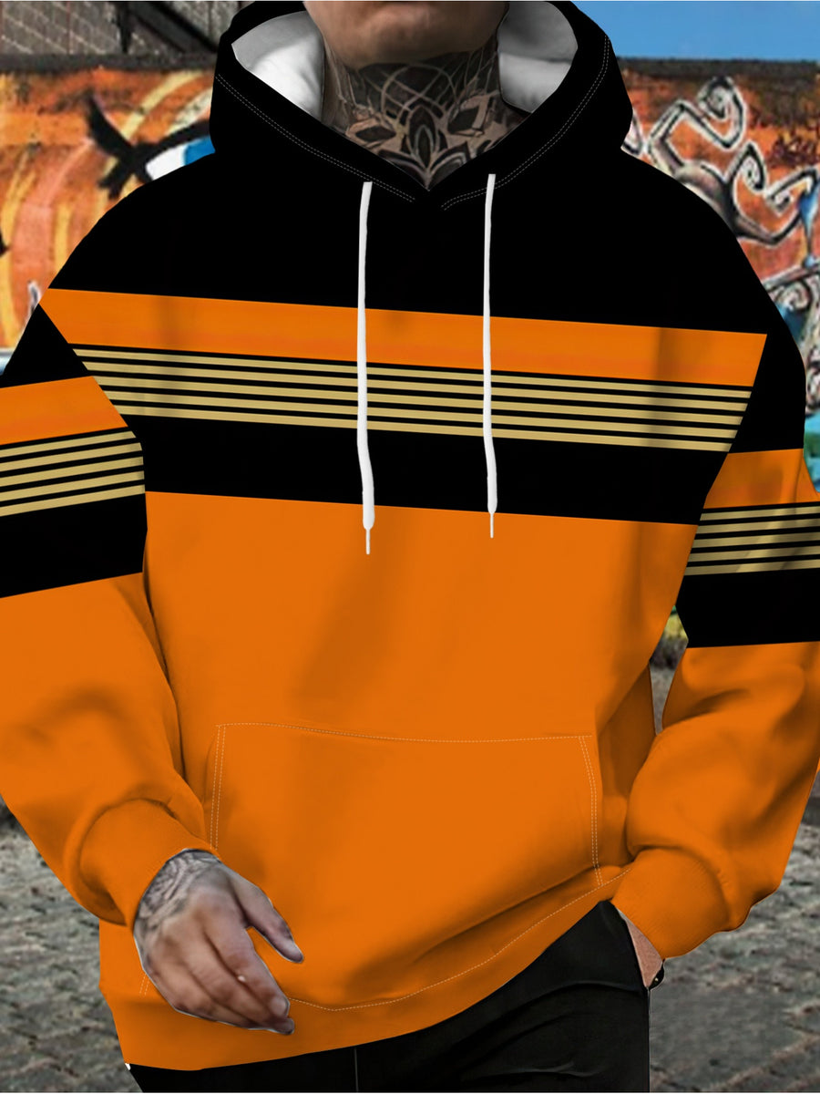 Men's Hooded Sweatshirt with Contrast Color Stripe Print, Casual Pullover Top, Comfortable and Versatile for Daily Wear, Men's Streetwear Fashion, Autumn/Winter Outerwear - Mixed colors