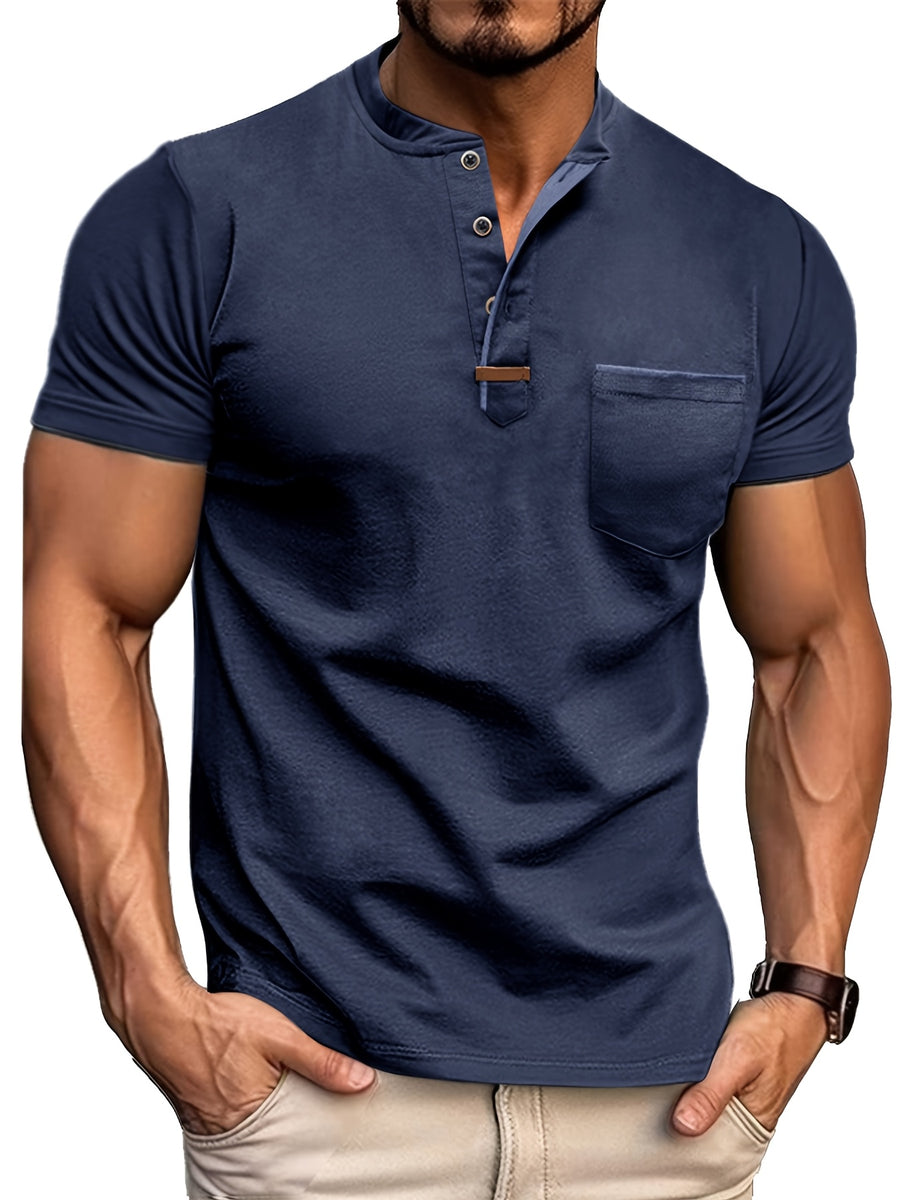 Fashion Men's Summer Short-sleeve T-shirt, Casual Round-neck Henley Shirt with Pocket - Navy Color