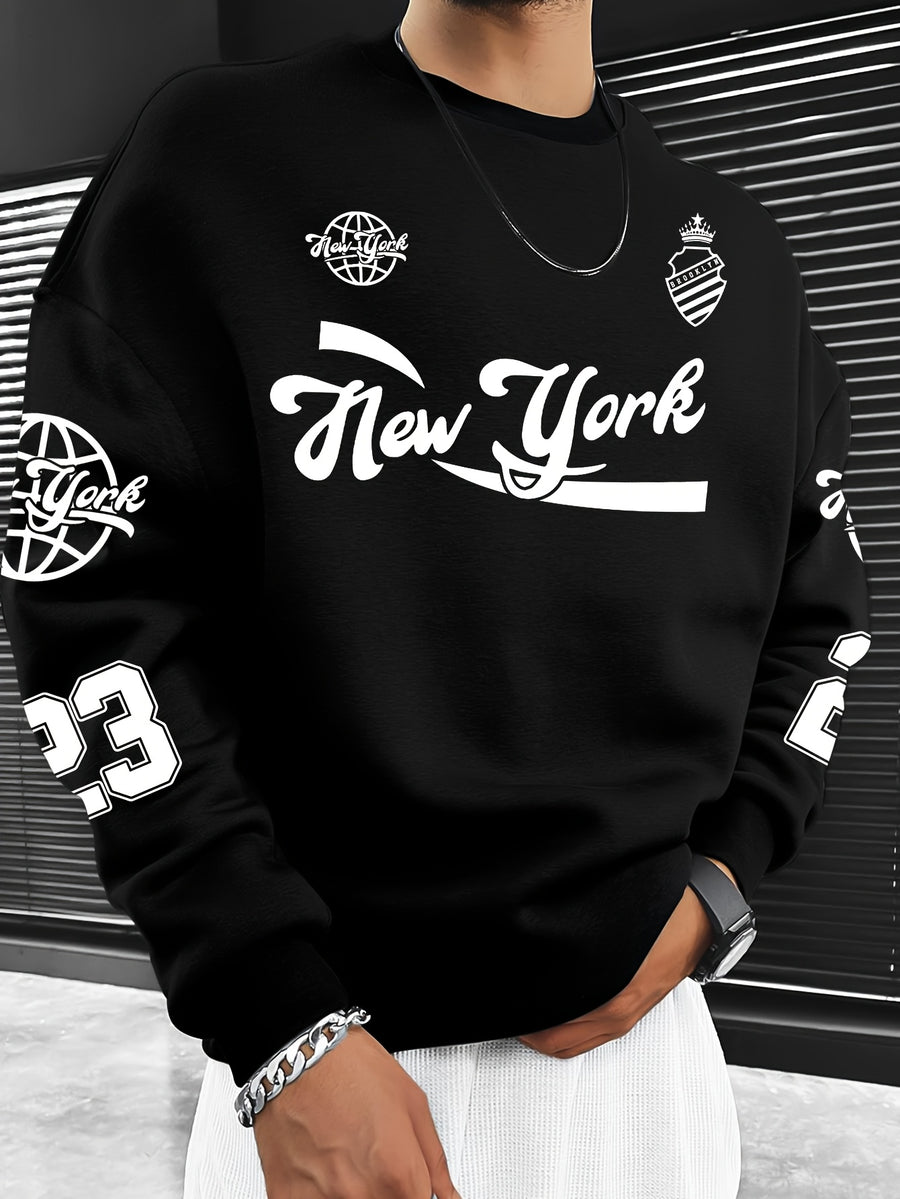 Men's Fashion Casual "Brooklyn Victory" Letter Print Sweatshirt, Polyester Material, Loose Fit, Versatile Men's Sweatshirt - Space Black