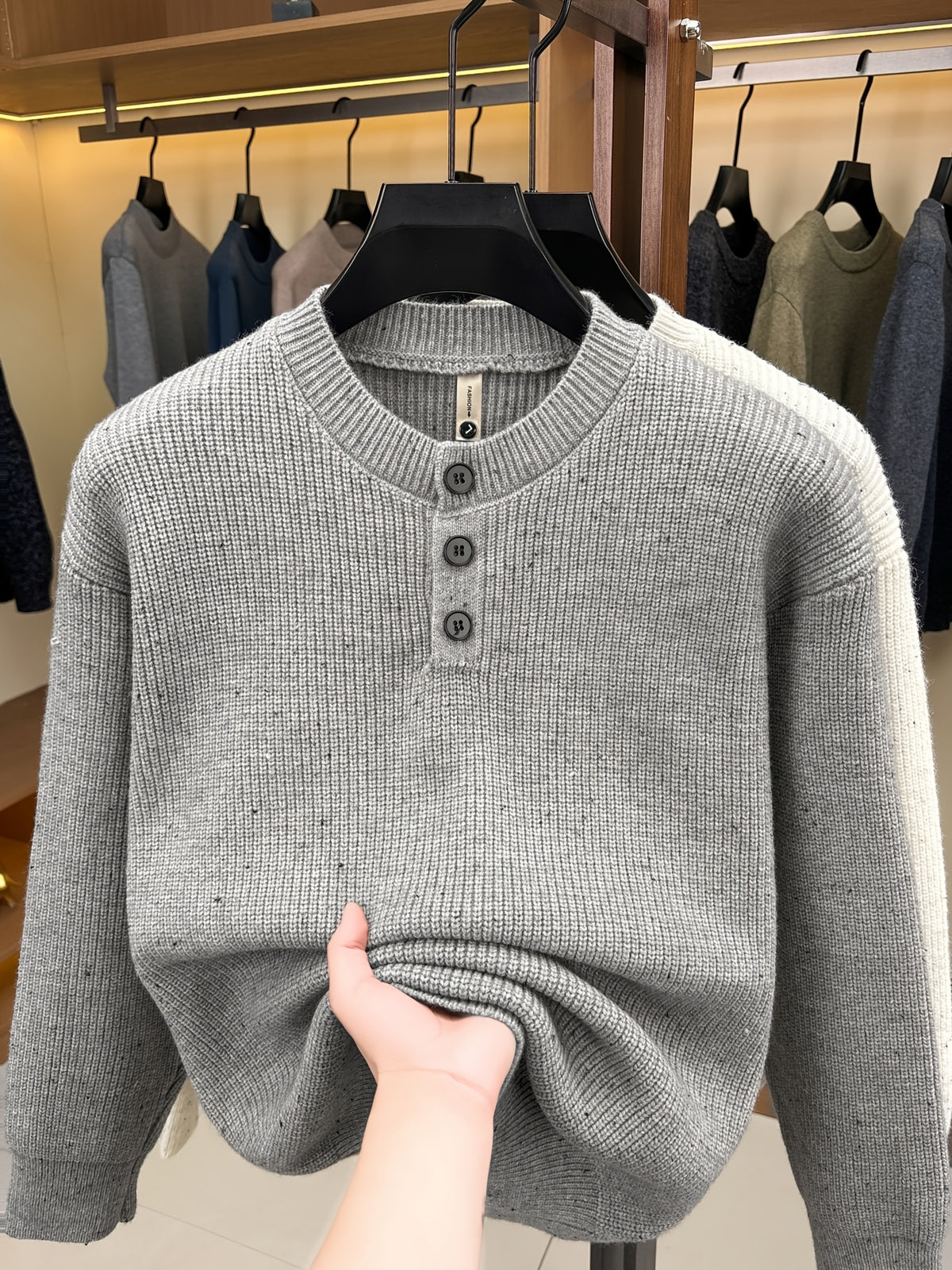 Du Jing Lan OBM Spring/Autumn New Arrival Men's Knit Pullover, Old Money Style Contrast Color Half-Open Placket Crew Neck Long Sleeve Knit Pullover, Men's Business Casual Fashion Ribbed Sweater, Suitable for Layering or Wearing as an Inner Layer - Grey