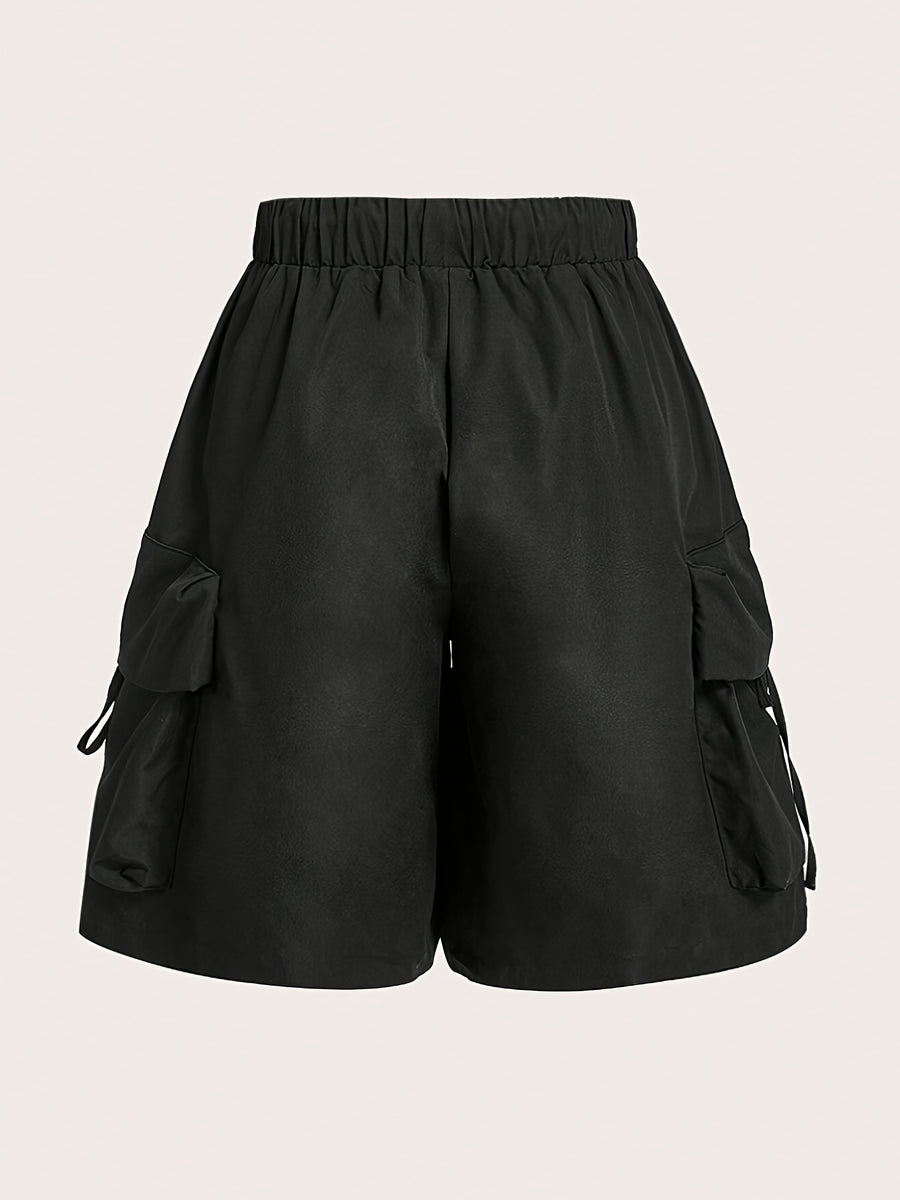 Solid Color High-waist Wide-leg Shorts, Casual Workwear-style Shorts with a Practical Multi-pocket Design, Suitable for Outdoor Leisure and Daily Wear - Black