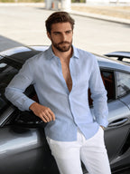 A Single Men's Versatile Long-sleeved Shirt, Featuring a Button-up Cardigan for Comfort and a Timeless Look, with Classic Pure Colors and Multiple Color Options, Suitable for Daily Commuting, Shopping, and Outdoor Activities. (Includes Only 1 Top) - Sky Blue