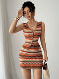 Stylish Casual Striped Vacation Style Sleeveless Top and Skirt Two-Piece Set - Mixed colors