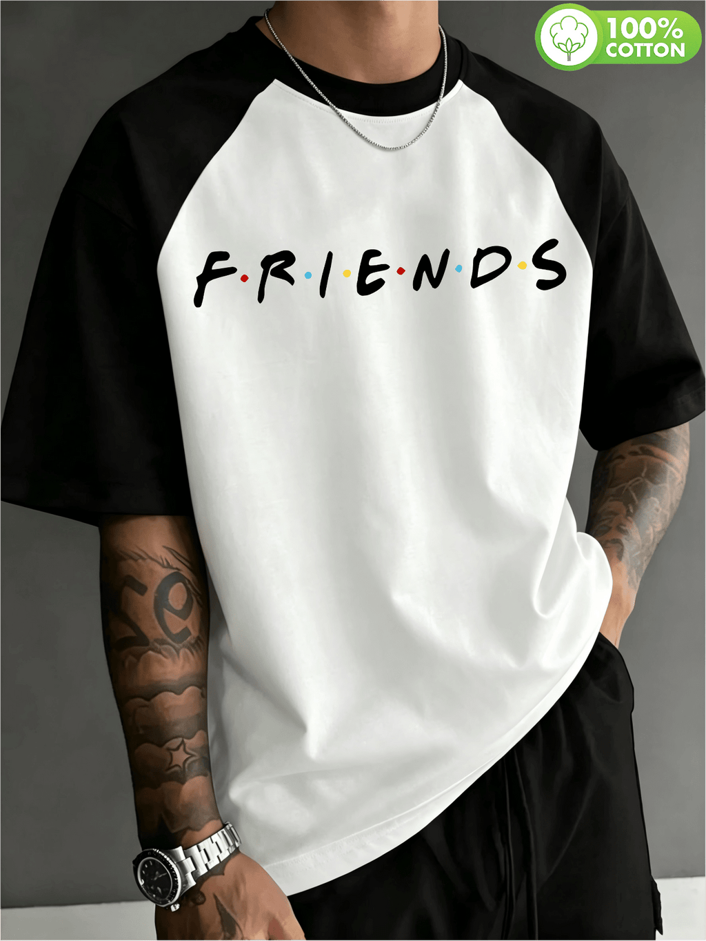 Licensed by WB Warner, Men'S Color-Block Raglan Sleeve Crew Neck T-Shirt, 100%, Classic American TV Series Friends Monogram Design, Men'S Casual Sports Versatile T-Shirt, Suitable for Daily Wear, Outdoor Sports, And Parties - White Fight Black