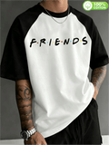 Licensed by WB Warner, Men'S Color-Block Raglan Sleeve Crew Neck T-Shirt, 100%, Classic American TV Series Friends Monogram Design, Men'S Casual Sports Versatile T-Shirt, Suitable for Daily Wear, Outdoor Sports, And Parties - White Fight Black