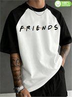Licensed by WB Warner, Men'S Color-Block Raglan Sleeve Crew Neck T-Shirt, 100%, Classic American TV Series Friends Monogram Design, Men'S Casual Sports Versatile T-Shirt, Suitable for Daily Wear, Outdoor Sports, And Parties - White Fight Black