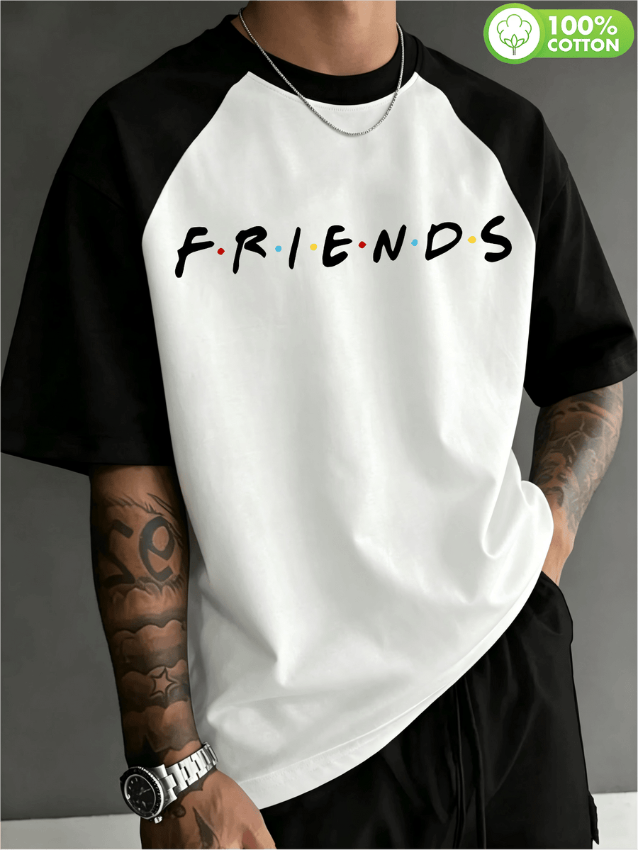 Licensed by WB Warner, Men'S Color-Block Raglan Sleeve Crew Neck T-Shirt, 100%, Classic American TV Series Friends Monogram Design, Men'S Casual Sports Versatile T-Shirt, Suitable for Daily Wear, Outdoor Sports, And Parties - White Fight Black