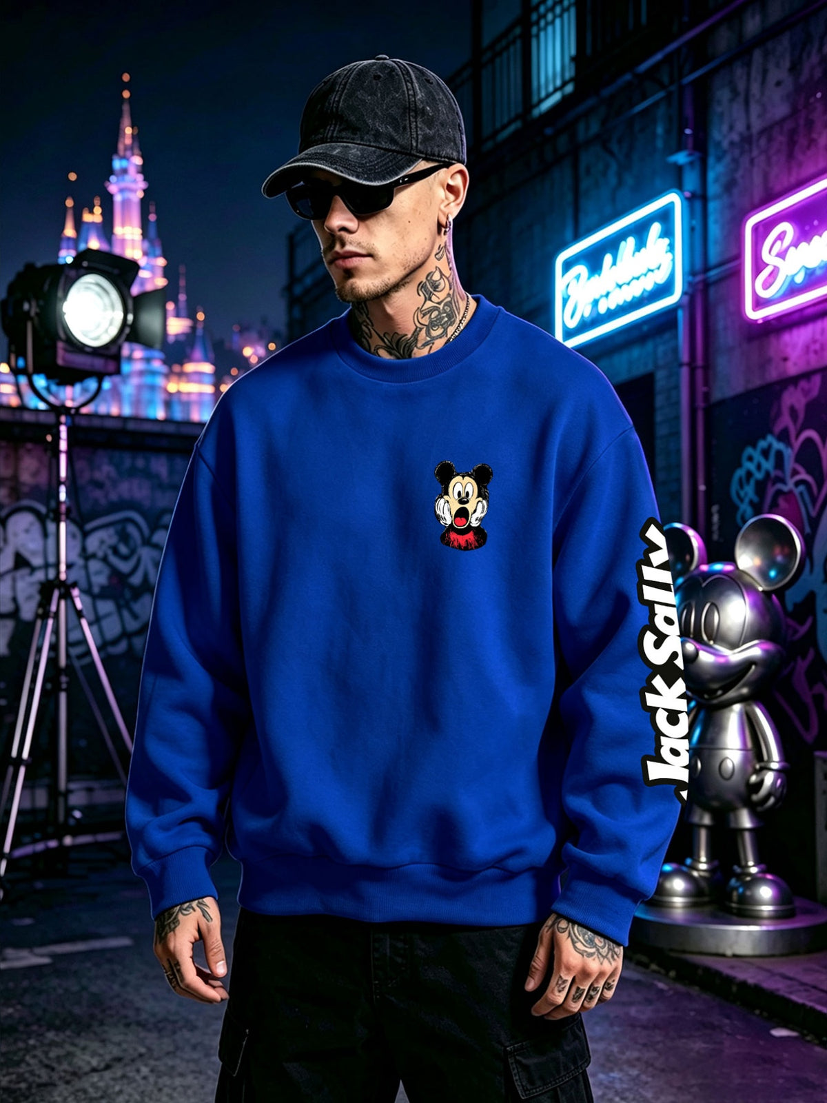Halloween Sweatshirt, Men's Autumn/Winter Long-Sleeve Top, Casual and Versatile Sweatshirt, "Disney" Mickey Mouse Scared Face Print Men's Apparel, Perfect for Holiday Outfits, Daily Wear, and Party Attire - Colorful Blue