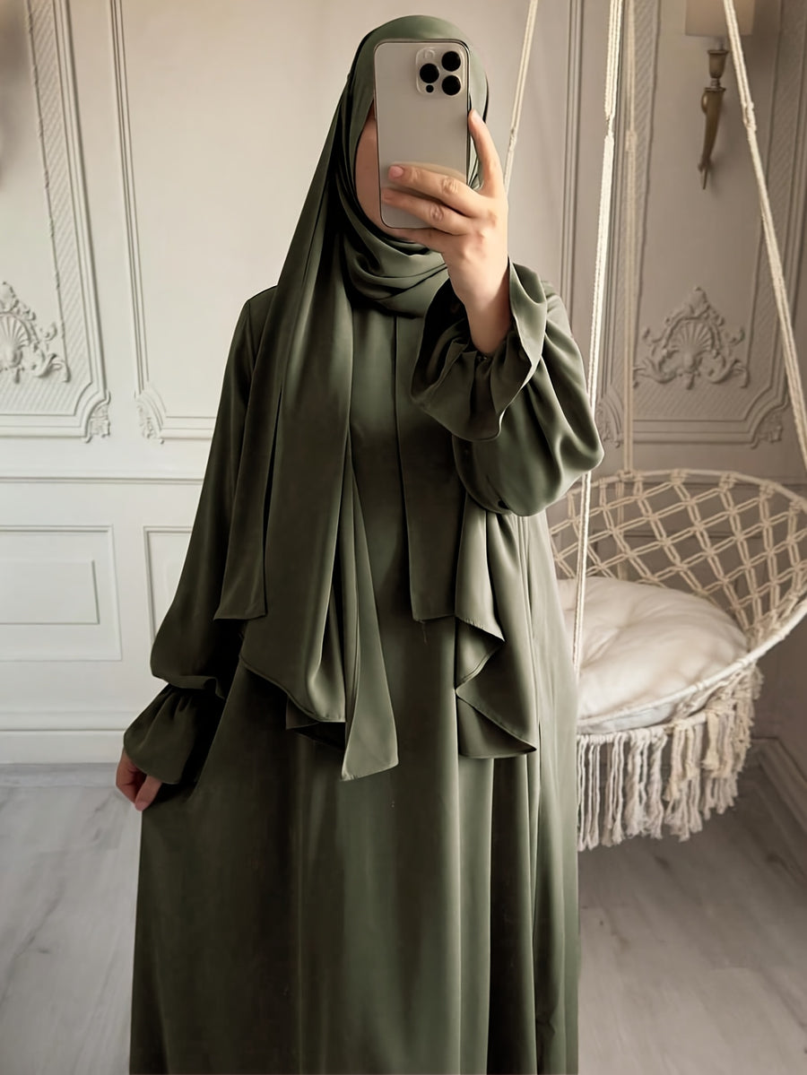 1pc Fashionable, Elegant and Casual One-piece Solid-colored Bellows Sleeve Suitable for Daily Wear. Loose and Comfortable Women's Abaya Robe.abayas for Women Muslim Kleider Damen Abaya for Women Stylish Khimar Ladies Abaya - Olive Green