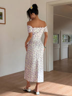 Small Floral Off-The-Shoulder Side-Slit Dress, Women'S Pure Temptation Style Off-Shoulder Waist-Cinching High-Slit -Covering Midi Dress, Suitable for Vacation Travel, Dates Afternoon Tea, And Casual Wear - Violet