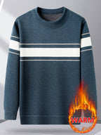 Minimalist Urban -Lined Crew Neck Knit Sweater for Warmth and City Casual Style - Blue