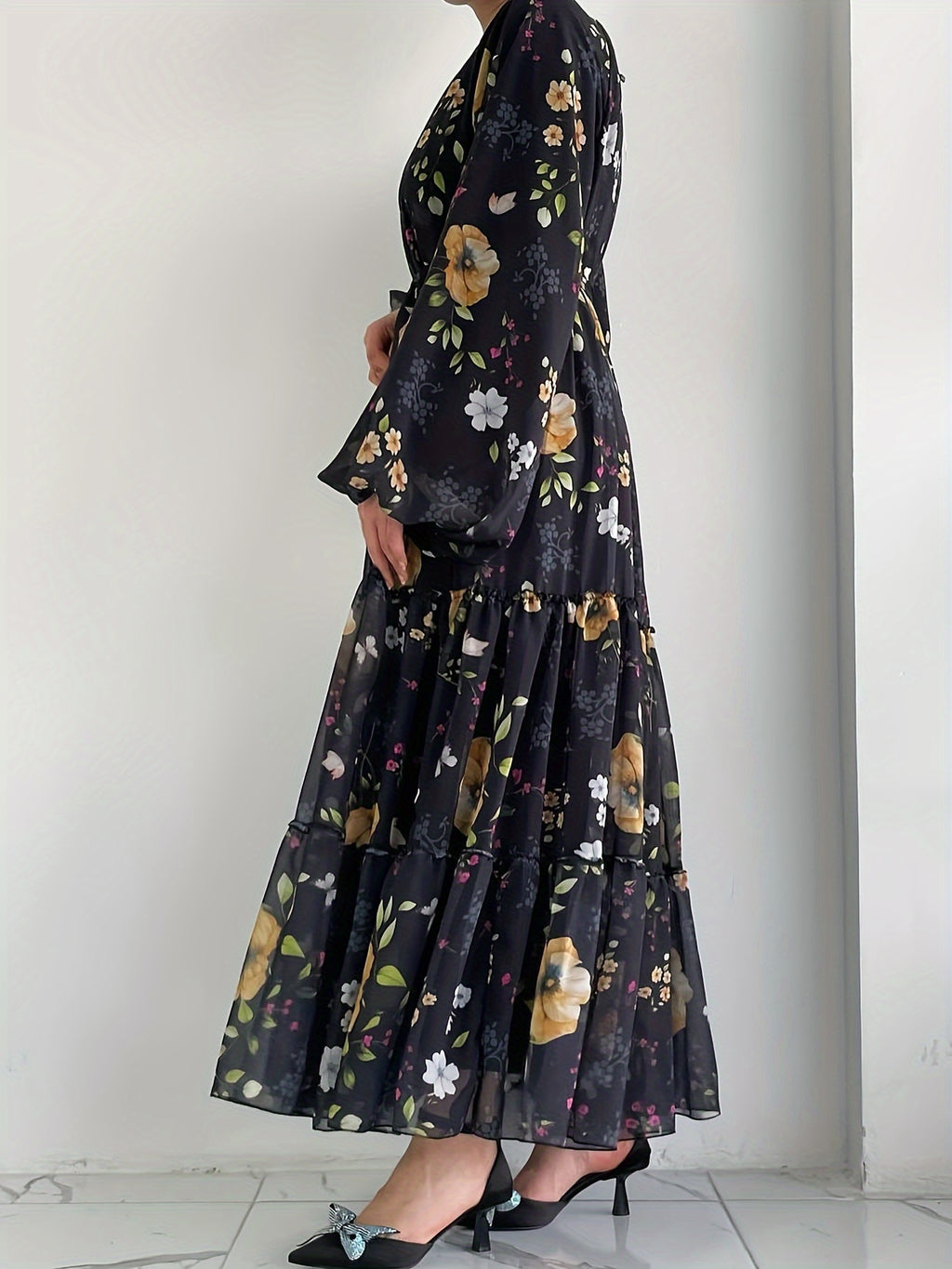 Women'S Middle Eastern Muslim Chiffon Printed Long Dress - Black