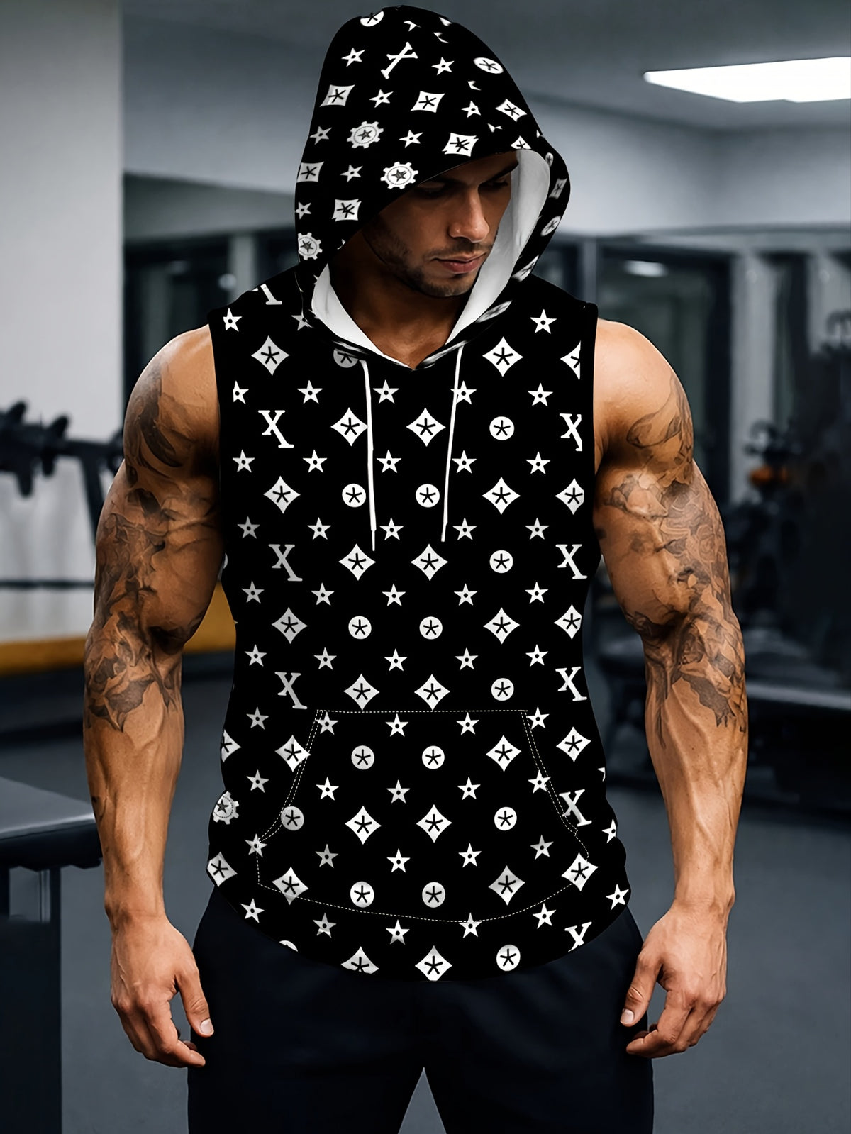 Men'S Hooded Sleeveless Sports Top Black And White Star Pattern Breathable Gym Clothing for Daily Training Running Outdoor Fashion Comfortable Casual Wear - Mixed colors
