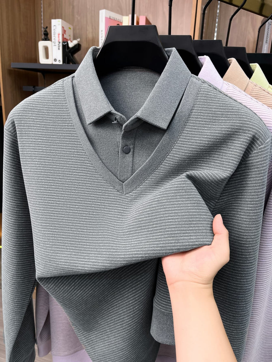 Men's Shirt Collar Fake 2pcs Knitted Top, Thick Warm Long Sleeve Base Shirt, Casual Pullover Polo for Golf, Fishing, Tennis, Winter Daily Wear for Middle-aged Dad - Light Grey