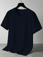 Men'S Summer -Linen Half-Zip Short Sleeve T-Shirt - Breathable Crew Neck Casual Top - Navy Color