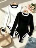 2pcs Contrast Trim Round Neck Slim Long Sleeve Jumpsuit Women'S Easy Fashion Solid Color Tight Jumpsuit - Black+Beige