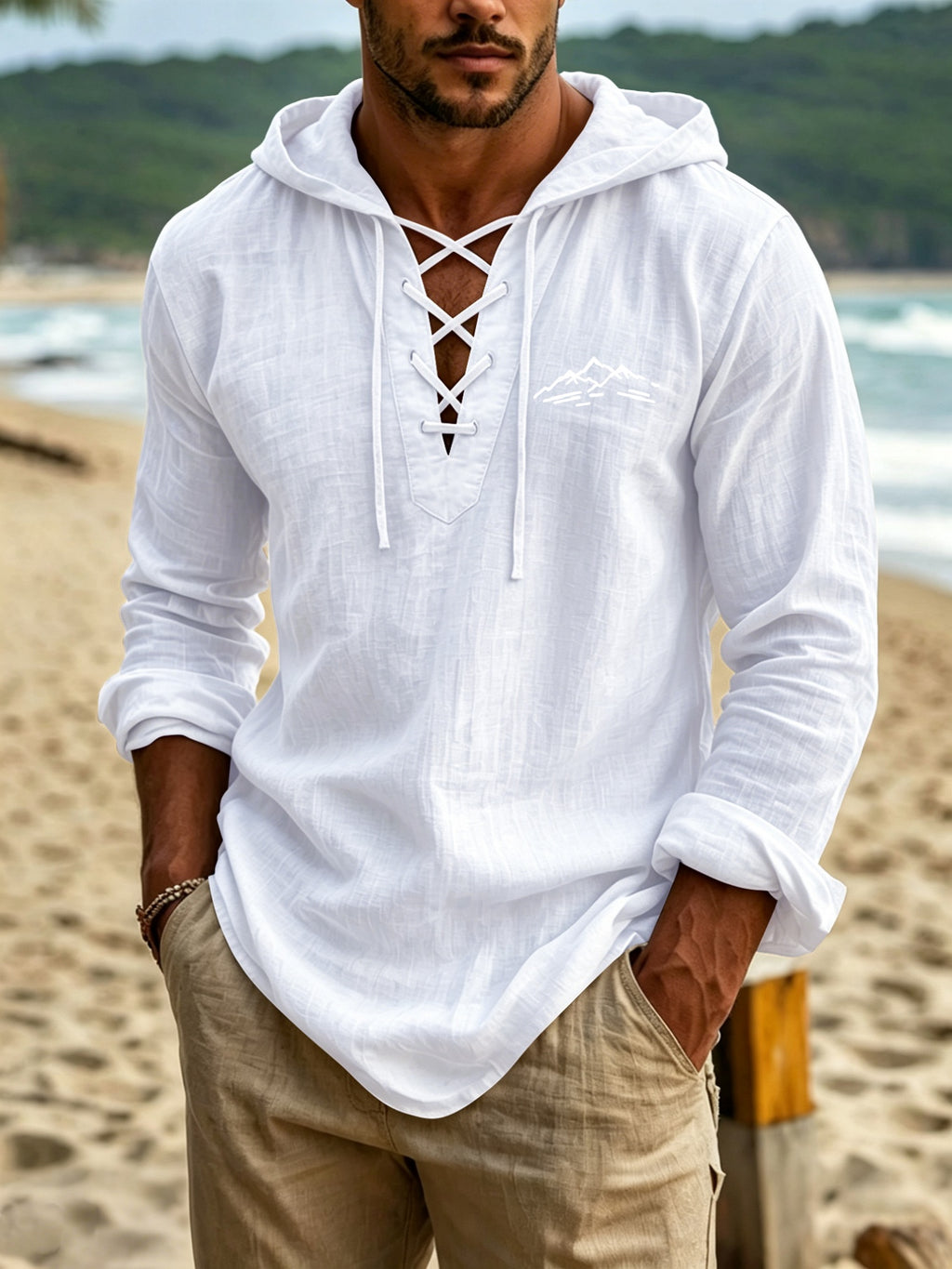 Men'S Linen Long Sleeve Hooded Top, Mountain Scenery Print on Chest for Statement Piece, Cross-Strap V-Neck Design with Curved Hem, Ideal for Beach Trips And Short Stays - White