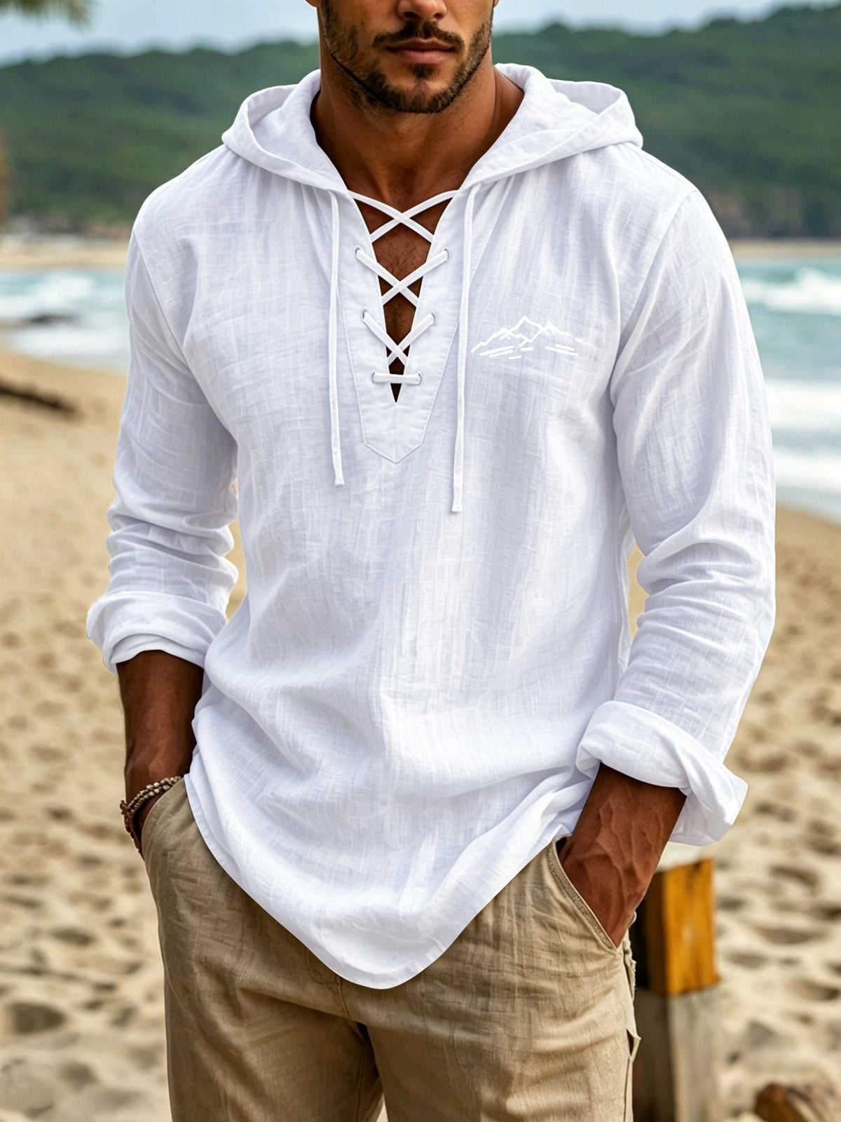 Men'S Linen Long Sleeve Hooded Top, Mountain Scenery Print on Chest for Statement Piece, Cross-Strap V-Neck Design with Curved Hem, Ideal for Beach Trips And Short Stays - White