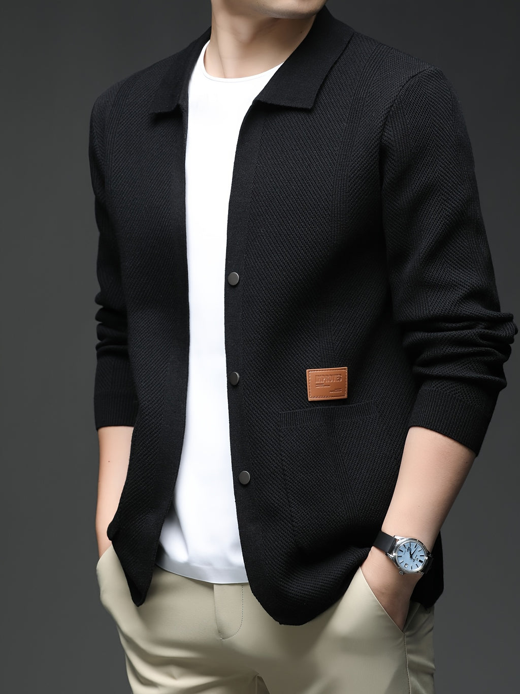[Wading Whale OBM] Spring/Summer New Men'S Knit Cardigan, Old Money Style Solid Color V-Neck Long Sleeve Open Front Sweater Jacket with Single Button Closure And Side Pockets, Suitable for Spring And Autumn Layering Or Outerwear - Black