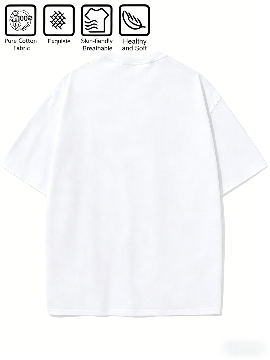Cartoon Pattern Print T-Shirt, Round Neck Design, Pure Short Sleeve Street Casual Wear. Easy And Comfortable, Versatile Summer Short Sleeve T-Shirt, Suitable for Men'S Outdoor Activities, Gym Studio, Office Daily Wear - White