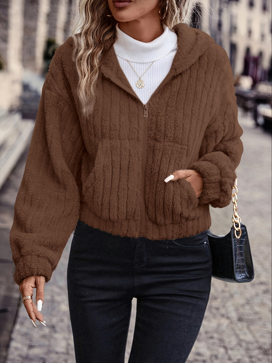 Solid Color Double-Sided Plush Zipper Hooded Cardigan, Women's Casual Plush Coat for Autumn and Winter - Dark Brown