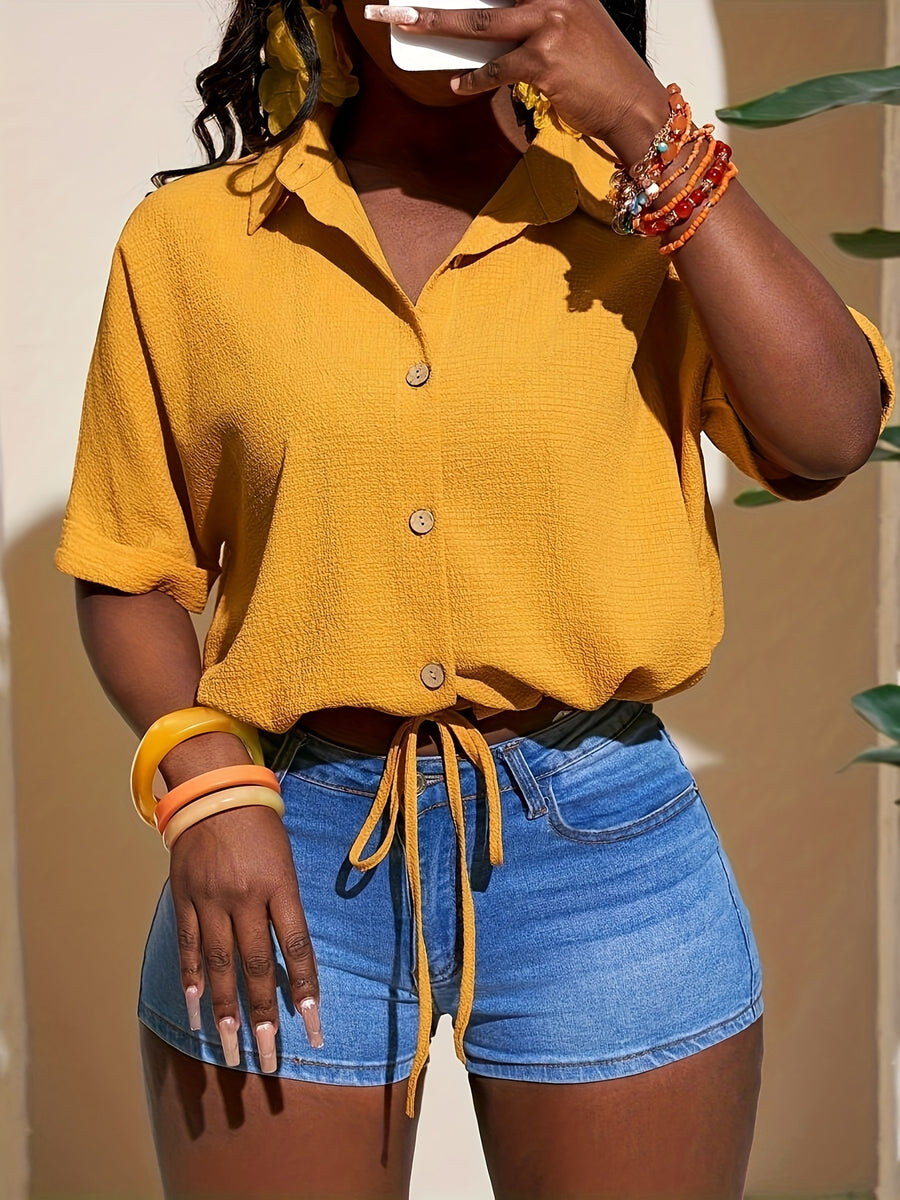 Women'S Autumn And Winter Clothing Summer New Texture Fabric Orange Short-Sleeved Casual Vacation Shirt - Yellow