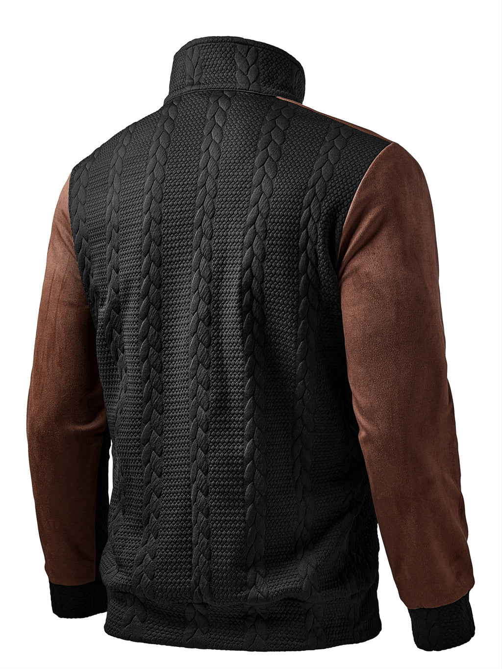 Men'S Vintage Preppy Cable-Knit Textured Half-Zip Collared Long Sleeve Pullover, Contrast Brown Shoulder And Sleeve Panels with Colorblock Hem, for Daily Commuting, Urban Casual Wear, Fall And - Black