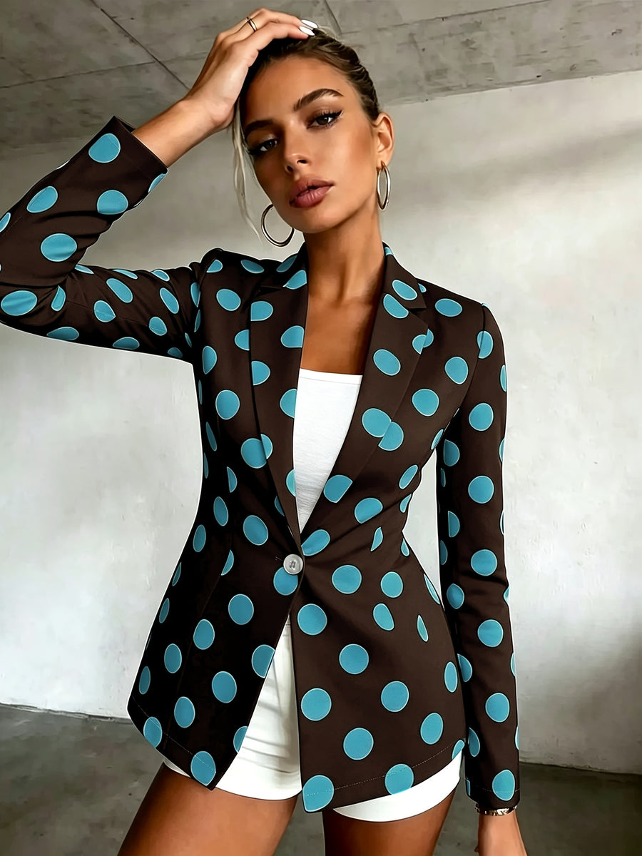 Women's Polka Dot Pattern Button-Up Long Sleeve Blazer, Women's Top, Suitable for Spring, Summer, Autumn, A Must-Have Item for All Seasons, Machine Washable, for Office Commuting and Casual Outings - Coffee Color