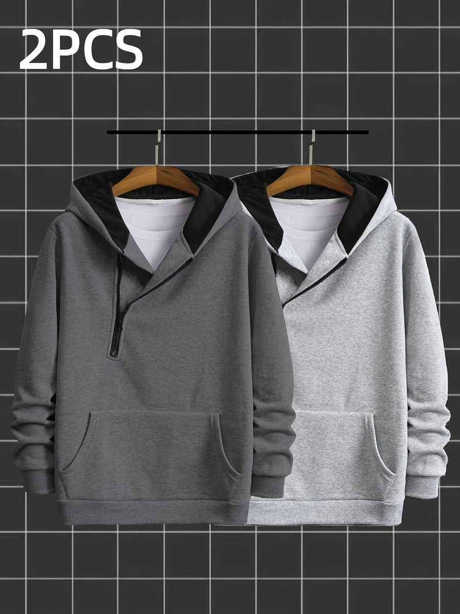 2pcs Novelty Diagonal Zipper Hoodie, Men's Casual Stretch Hooded Sweatshirt Jacket, Men's Sportswear - Dark Gray Light Gray