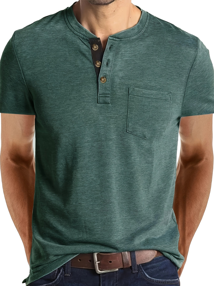 Men'S Summer Round Neck Short Sleeve T-Shirt Henley Shirt Pocket Top - Green