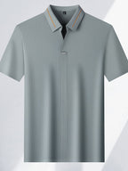 Men'S Seamless Short-Sleeved Polo, Summer Color-Block Ruffled Collar, Breathable Iron-Free Business Solid Color Casual Shirt - Light Blue Gray
