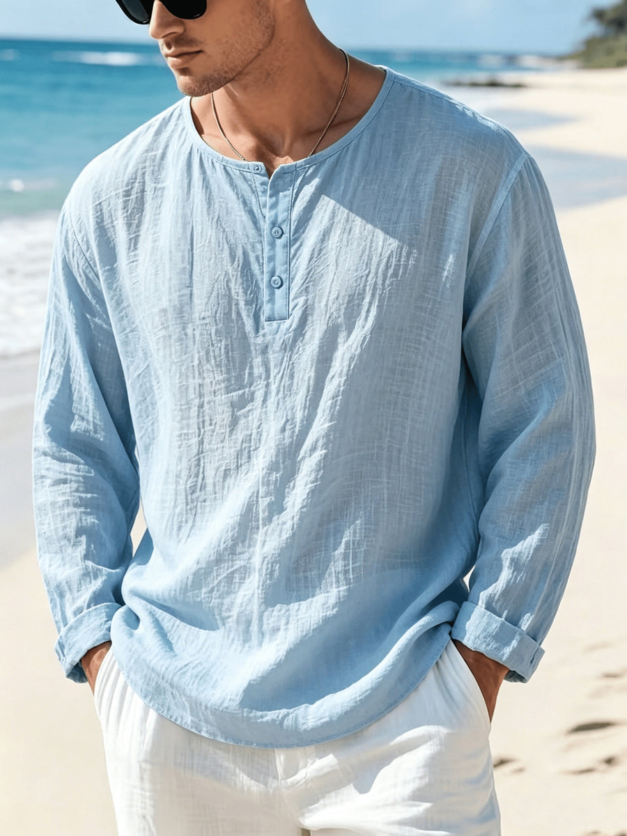 Summer Breathable Linen Henley Collar Long Sleeve Pullover Sweater, Men'S Casual Round Neck Loose Roll-Up Sleeve Outerwear Top - Sky Blue