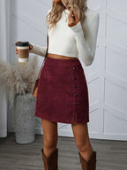 Women's Corduroy Casual Side Button Slit Hem A-Line Skirt - Red + Black