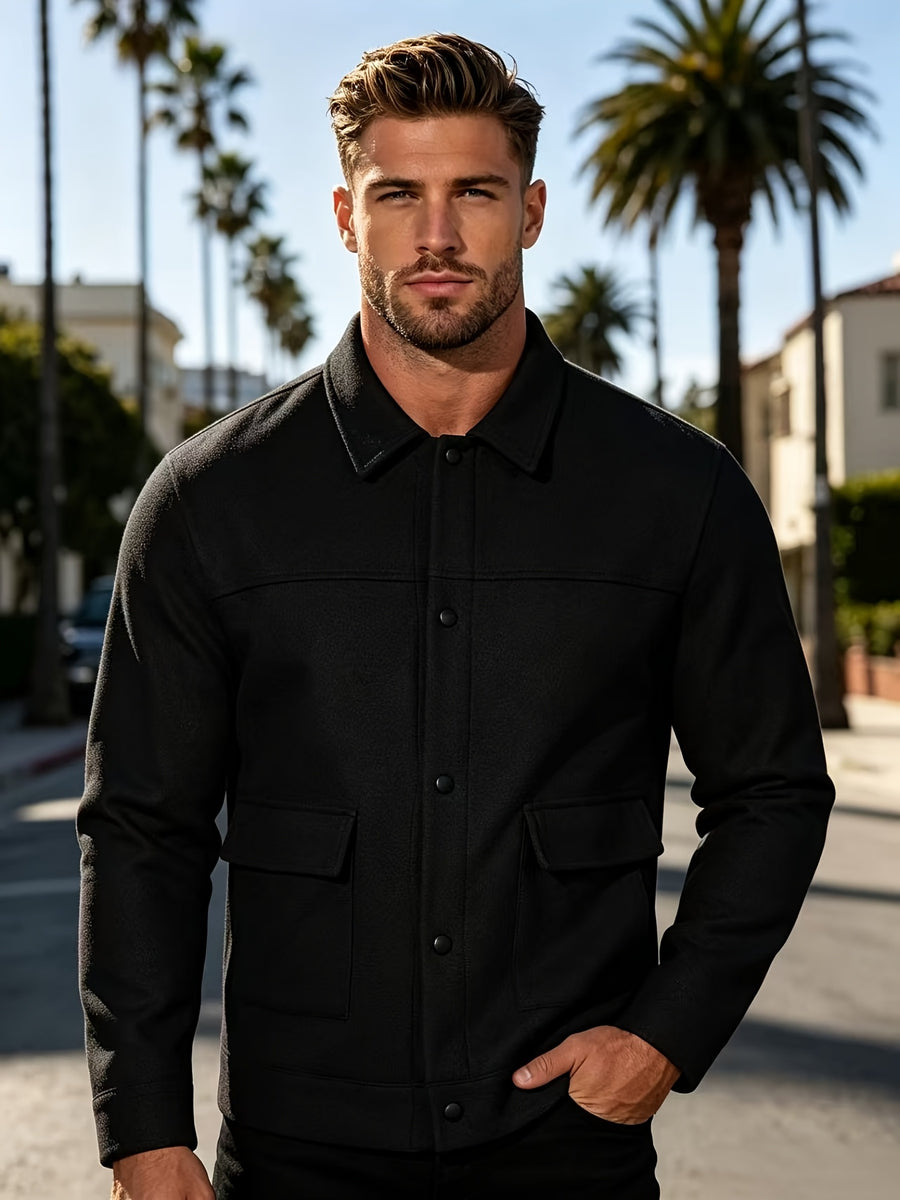 New Men's Solid Color Lapel Jacket, Autumn/Winter Casual Comfortable Outerwear, Versatile Workwear Style Trench Coat for Men - Black