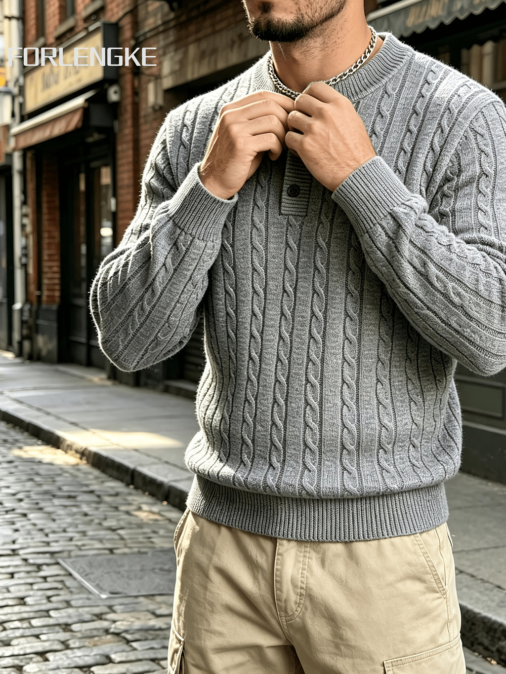FORLENGKE Autumn Winter Men'S Henley Collar Half-Button Cable Knit Top Vintage Street Style 3D Twist Knit Long Sleeve Sweater Loose Slimming Casual Versatile Inner Wear Outer Wear Pullover Shirt - Grey