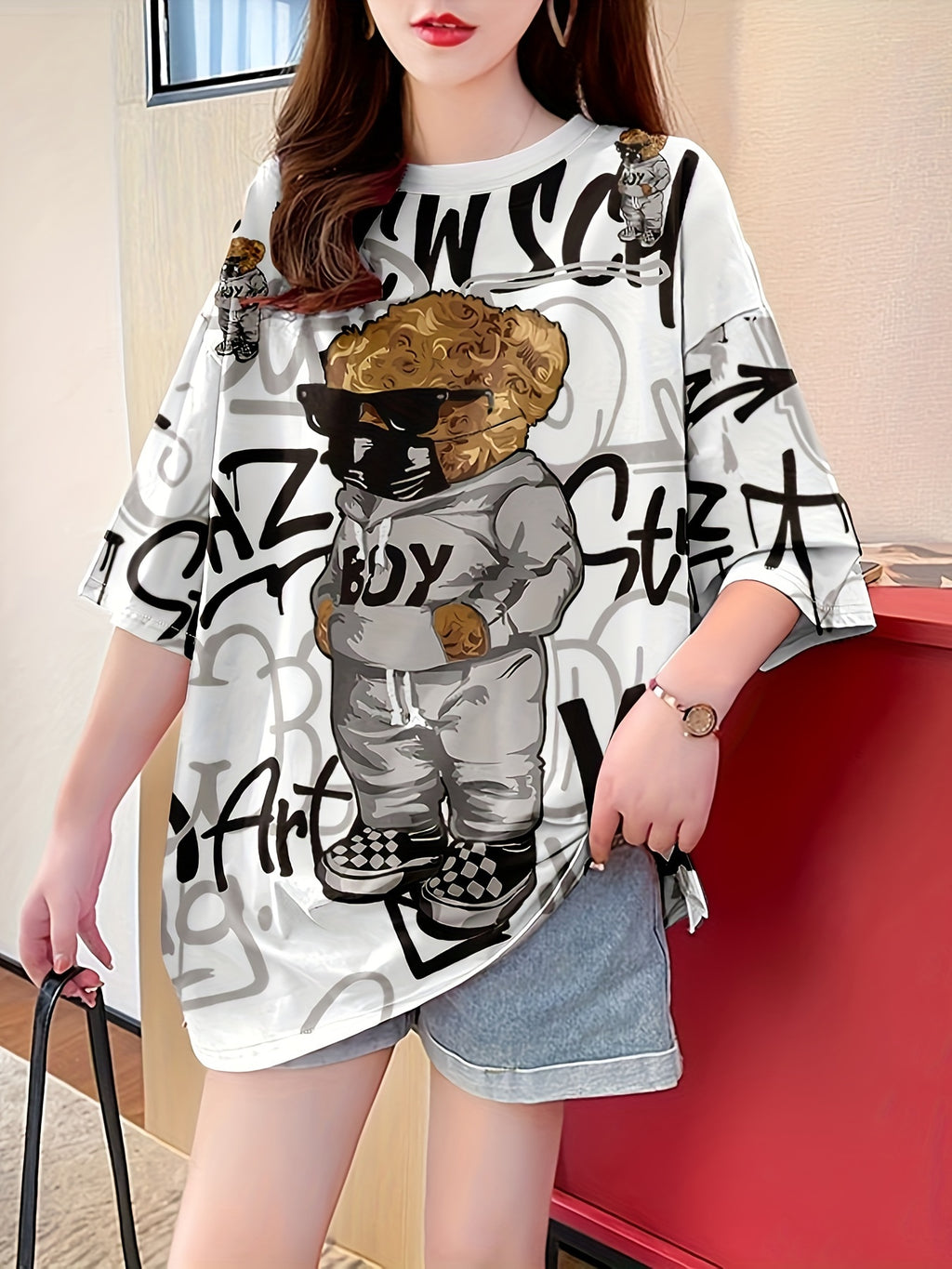 Summer New Large Size Loose Fashion Trend Slim Cartoon Round Neck Print Ladies Women'S Medium And Long Short-Sleeved T-Shirt Clothes - K140-W