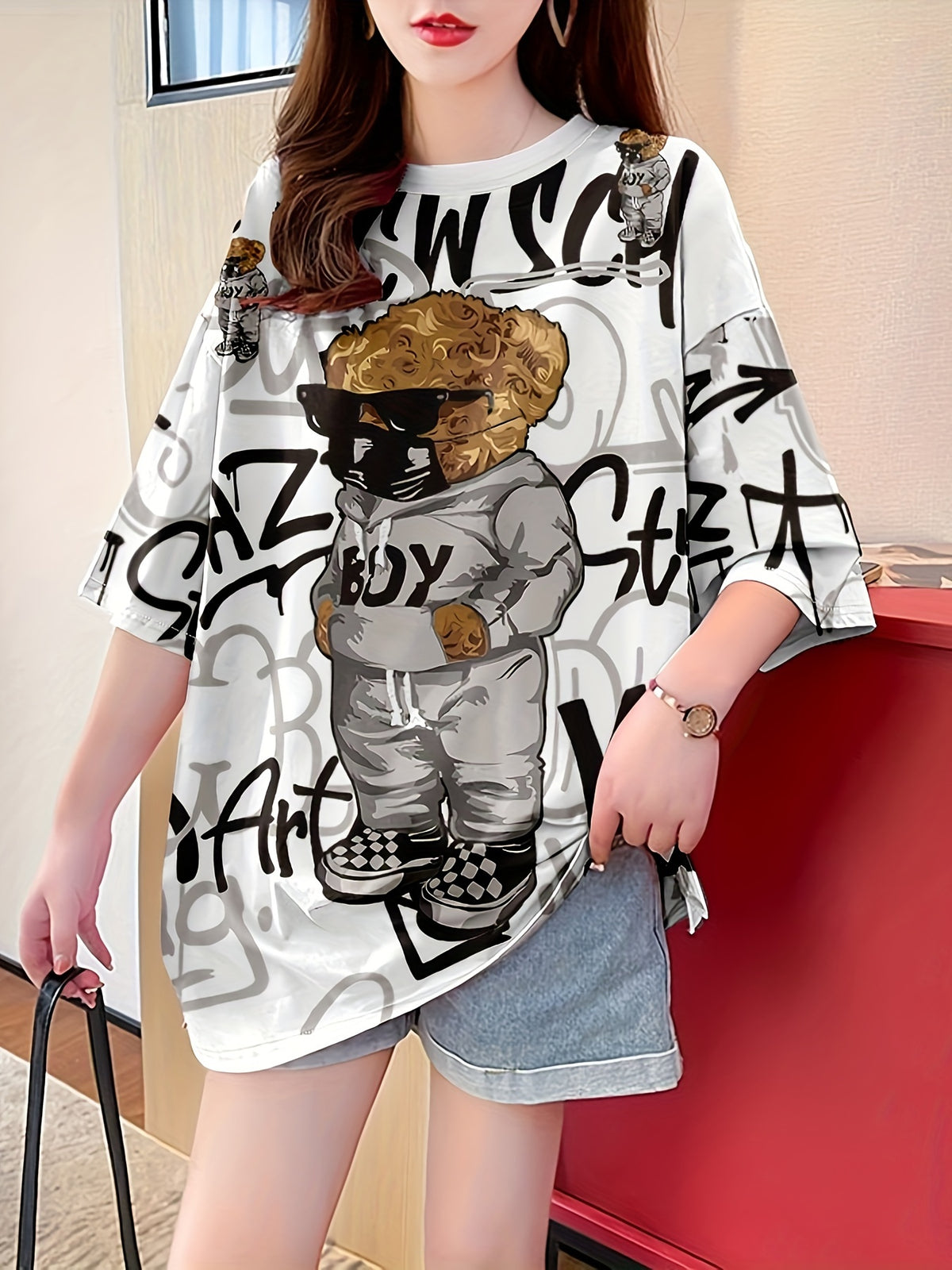 Summer New Large Size Loose Fashion Trend Slim Cartoon Round Neck Print Ladies Women'S Medium And Long Short-Sleeved T-Shirt Clothes - K140-W