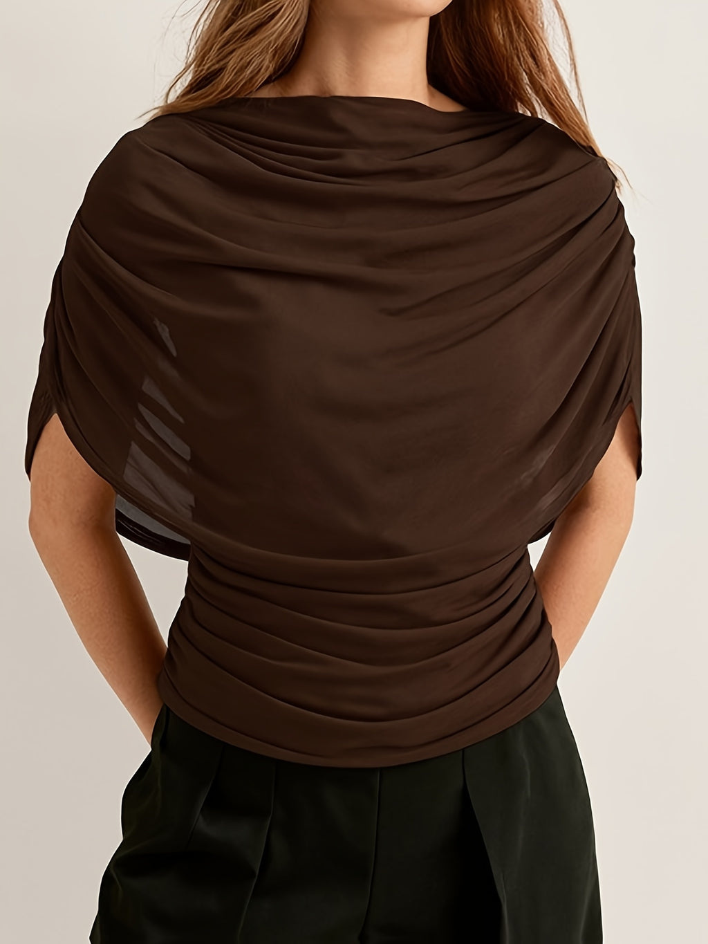European and American Style Cross-border Women's Clothing Autumn and Winter New Scarf Collar Pleated Sleeveless Slim Top - Dark Brown