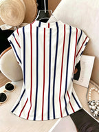 Striped Batwing Short-Sleeve Shirt, Women's Summer Casual Versatile V-Neck Batwing Sleeve Top, Women's Clothing - White