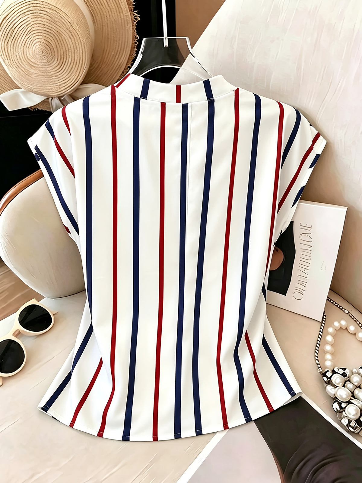 Striped Batwing Short-Sleeve Shirt, Women's Summer Casual Versatile V-Neck Batwing Sleeve Top, Women's Clothing - White