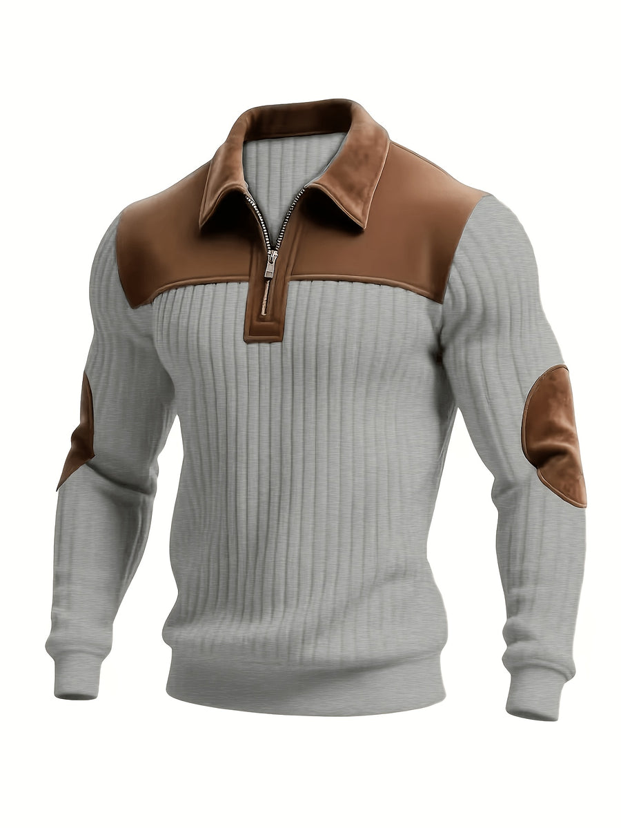 New Christmas Men's Autumn/Winter Brushed Ribbed Cable Knit Sweater, Casual Color-Block Long Sleeve Patchwork Plush Sport Henley Zip-Up Top - Dark Gray