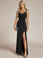 Women's Elegant V-Neck Strap Sequin Patchwork Twist Pleated Split Dress for Banquet Party Wedding Bridesmaid Dress - Black