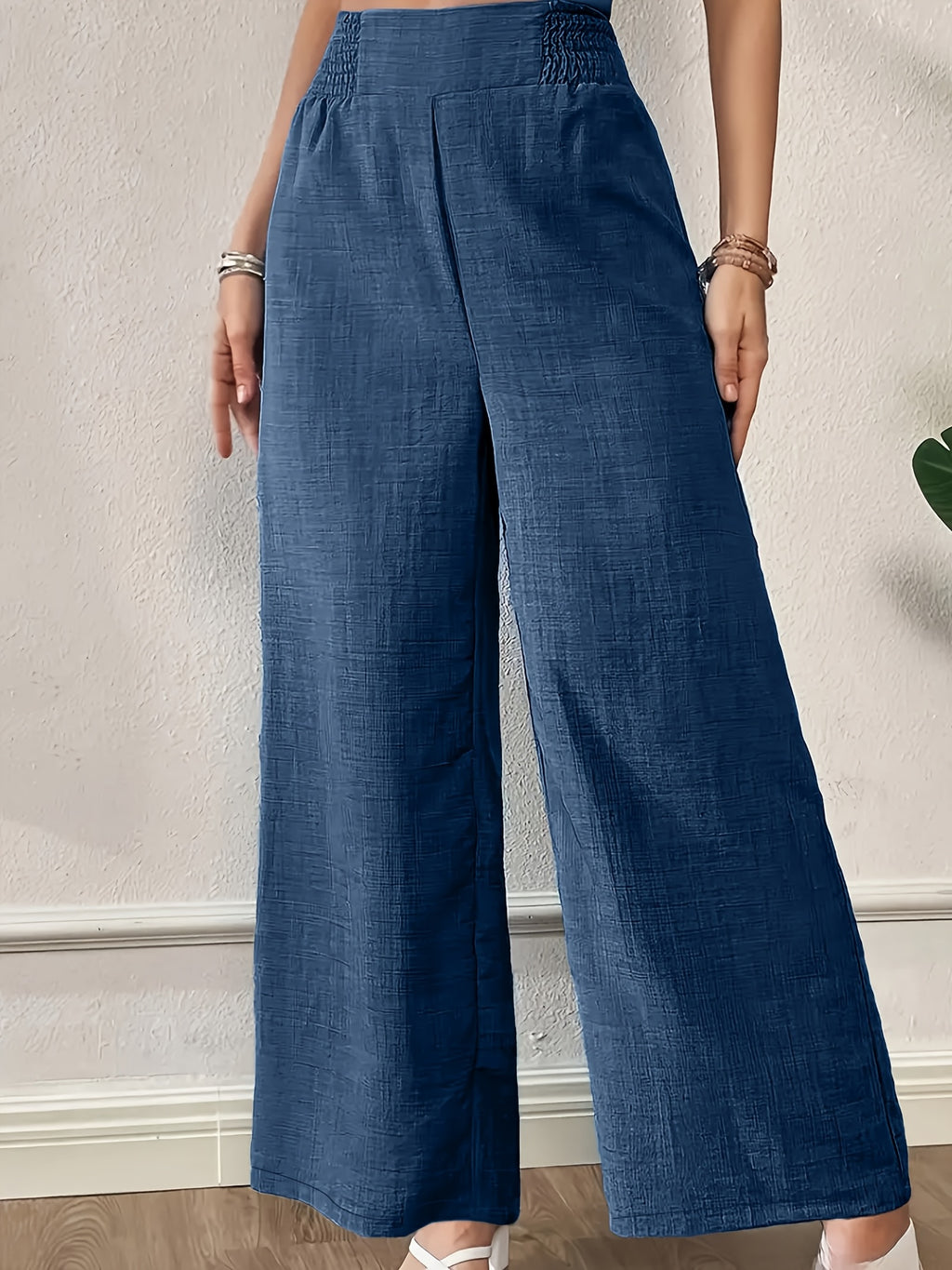 New Women'S High-Waist Wide-Leg Pants, Elastic Waist Straight-Leg Long Trousers, Elegant Wide-Leg Trousers Suitable for Casual And Formal Occasions, Office, And Semi-Formal Wear - Navy Color