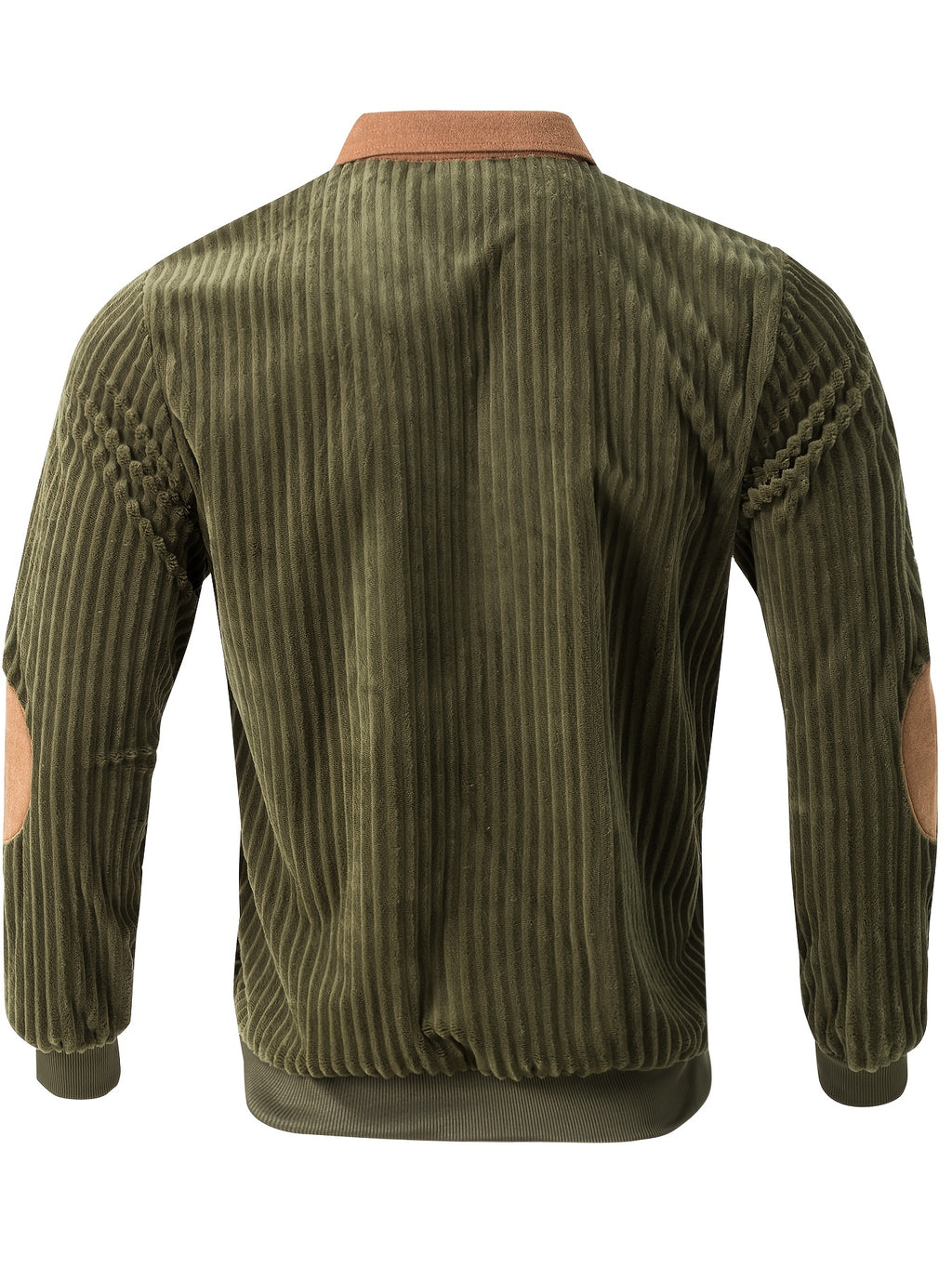 [Pearson OBM] Contrast Collar Half-Zipper Men'S Vertical Striped Long Sleeve Knit Sweater, Elbow Patch Casual Elastic Slim Commute All-Match Fall Top - Olive Green