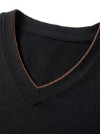 Men'S Summer Short-Sleeved T-Shirt, V-Neck Color-Blocking Details, a Slightly Slim Fit That Conforms to The Body, Showing Neat Lines Without Being Tight, Suitable for Daily Leisure/Weekend Travel Scenarios, And Light Social Scenarios - Black
